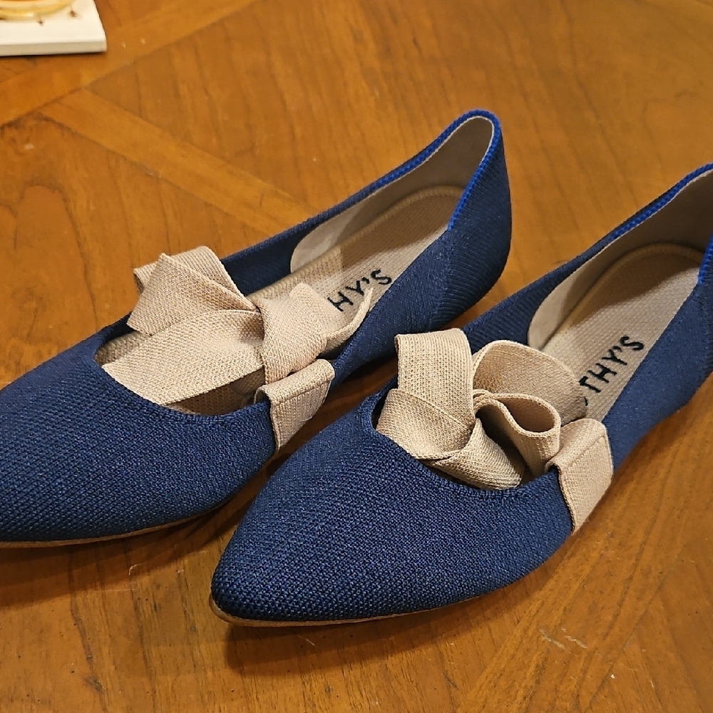 Rothy's Blue and Cream Bow Flats